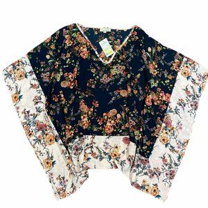 Chenault Womens Navy Blue V Neck Floral Poncho Blouse Top - Size PM